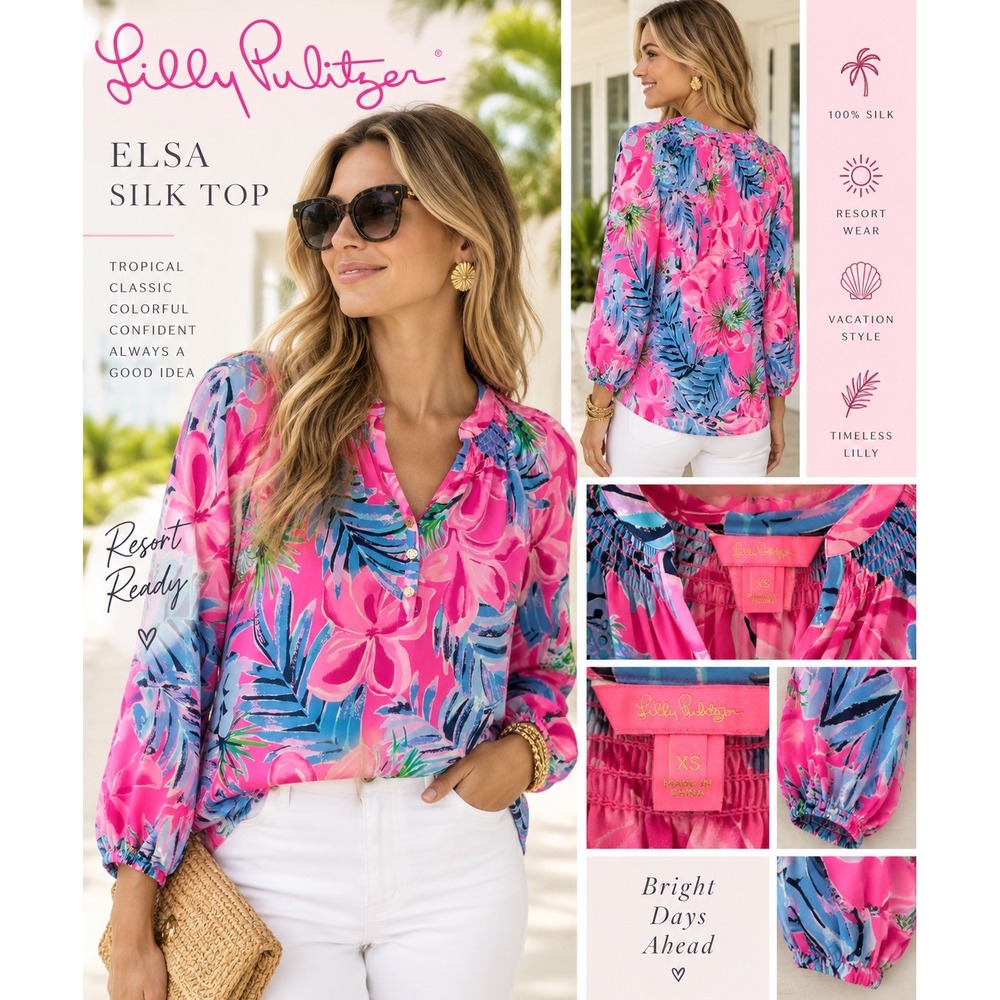 Lilly Pulitzer Elsa Silk Top XS Tropical Floral Resort Coastal 100% Silk